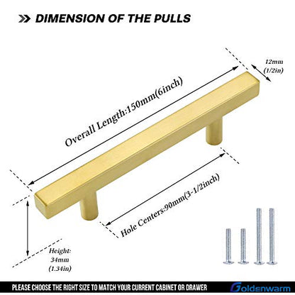 Goldenwarm 25 Pack Gold Cabinet Handles 3-1/2"(90mm) Brushed Brass Cabinet Pulls T Bar Drawer Pulls for Kitchen Cupboard & Drawer Hardware - color: Gold, size: 3-1/2 Inch Hole Center