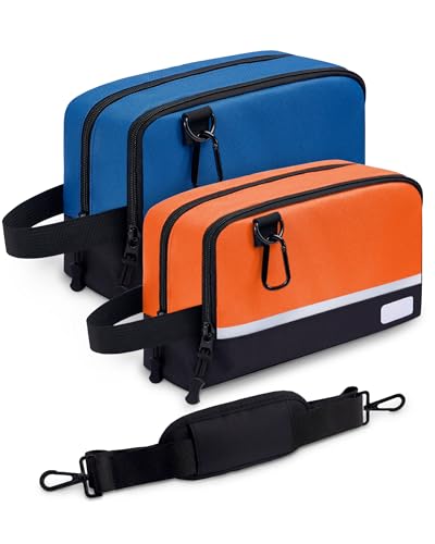 2 Pack Small Tool Bags Zipper Pouch for Organizing, with Adjustable Shoulder Strap & Carabiner, Utility Small Tool Pouch with Multi Pocket Compartments and Label Area (12" & 10") - color: Orange/Blue