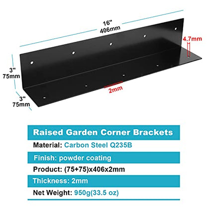 4 Pack 16" x 3" Black Raised Bed Garden Corner Brackets, Widen Right Angle L Bracket for Wood - size: 16" X 3"