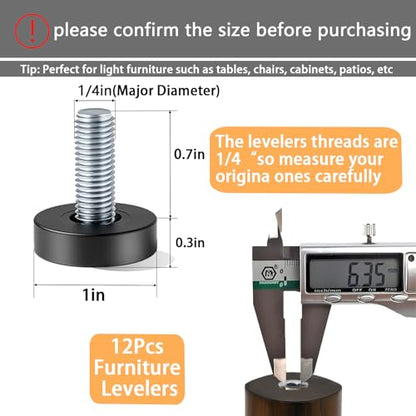 1/4" Thread Leveling Feet, 12 PCS Furniture Levelers, Adjustable Furniture Feet Threaded Screw in, Table Levelers for Adjusting Individual Cabinet Legs - size: 1/4"-20 UNC Thread