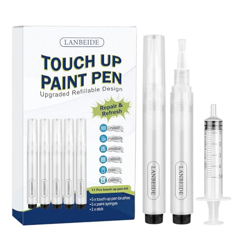 LANBEIDE Touch Up Paint Pen - Fillable Brush Pens 5Pcs for Drywall Repair, Wall, Furniture, Cabinet, Wood Floor, Window, 6ML - size: 5 Count (11 Pcs Kit)