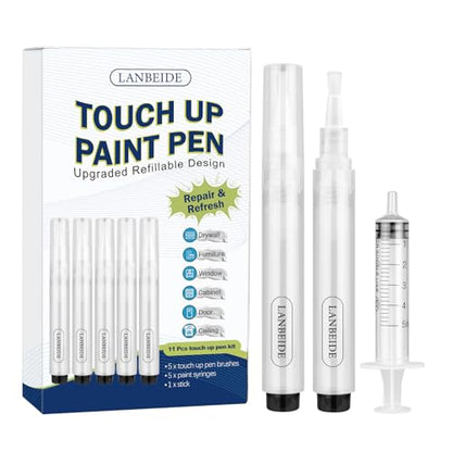LANBEIDE Touch Up Paint Pen - Fillable Brush Pens 5Pcs for Drywall Repair, Wall, Furniture, Cabinet, Wood Floor, Window, 6ML - size: 5 Count (11 Pcs Kit)