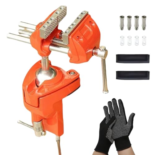 SYLPHID Bench Vise 3 Inch Heavy Duty, 360° Swivel Base & Clamp-On Workbench Vise, Cast Steel Multi-Purpose Table Vice for Woodworking, Metalworking, Drilling, Sawing, DIY Projects - color: Orange