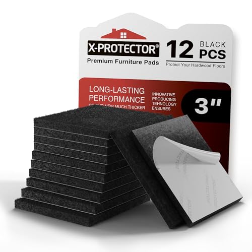 X-PROTECTOR Felt Furniture Pads - 12 PCS 3" - Felt Pads Floor Protectors - Chair Felt Pads - Felt Pads for Furniture Feet - Furniture Pads for Hardwood Floors - Protect Your Floors! (Black, Square) - size: 3" 12 Black, Square