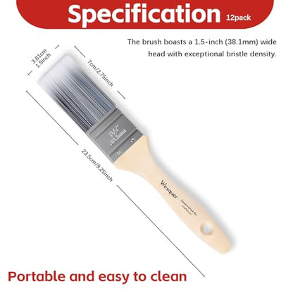Wesquer 1.5 Inch Professional Paint Brushes 12-Pack, Premium Synthetic Bristles for Smooth Finish, Easy to Clean & Reusable for Wall, Cabinet, Interior & Exterior Painting - size: 1.5 inch (12 pack)