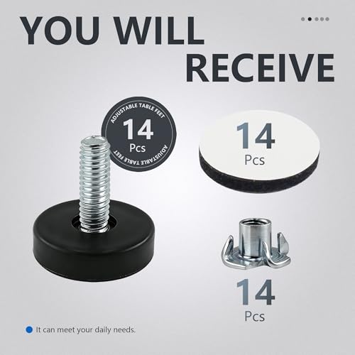 14pcs 1/4” Thread Furniture Leveling Feet, Adjustable Furniture Levelers Feet with T-nuts for Tables Cabinets Chairs Stool Legs Adjusting - color: With Screws