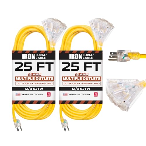 Iron Forge Cable 2 Pack 25 Foot Lighted Outdoor Extension Cord with 3 Outlets - 12/3 SJTW Heavy Duty Yellow Extension Cable 3 Prong - Multiple Outlets - size: 25 Foot, style: 2 Pack