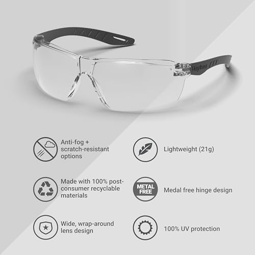 HexArmor VūFlex Clear Safety Glasses for Men & Women | Anti-Fog or Scratch Resistant | Lightweight Frame | 100% UV Protection - color: Anti-fog | Black Frame