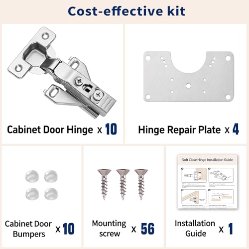 Cabinet Hinges - 10 Pack Soft Close Kitchen Cabinet Hinges for 1/2 Inch Overlay Cabinet, Face Frame Concealed 105 Degree Hinges with Cabinet Bumpers, Repair Plate and Mounting Screws
