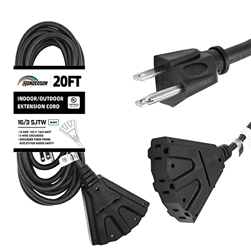 3-Outlets Indoor Outdoor Extension Cord Weatherproof, UL Certified, 16 Gauge 20FT Black 3 Prong Heavy Duty, 16/3 SJTW 13A Power Cord - color: Black, size: 20FT