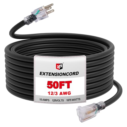 EP 50Ft Outdoor Extension Cord, 12/3 SJTW Heavy Duty Waterproof Power Cable, 3 Prong Grounded Plug, Lighted End, for Lawn, Garden, Appliances, Black - color: Black, size: 50ft