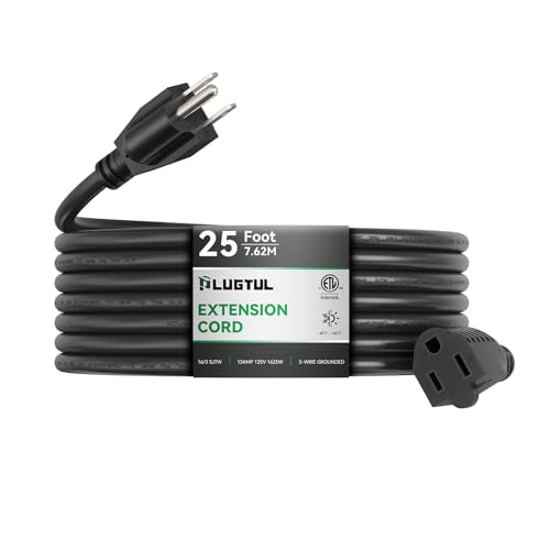 PLUGTUL Outdoor Extension Cord 25 FT Waterproof, 16/3 Gauge Black Heavy Duty 3 Prong Extension Cord, 13A 1625W SJTW, ETL Listed, Great for Garden and Home - size: 25FT