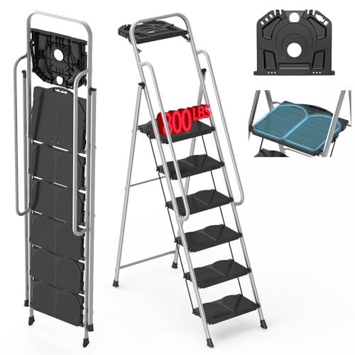 6 Step Foldable Step Ladder Stool with Roomy Tool Tray and Secure Handrail, Foldable Platform Ladder 6 Step Folding Stepstools with Wide Pedals and 800lbs Weight Capacity for Adults, Home, Kitchen - color: Black Gray, size: 6 Step