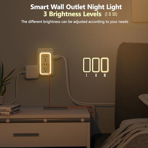 Wall Outlet Extender with Night Light, Power Plug Adapter Multi Plug Outlet Surge Protector with 4 USB Charging Ports (2 USB C), Adapter Spaced Outlets for Home Travel Office - color: White with Night Light
