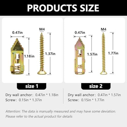 Self Drilling Drywall Anchors and Screws Kit,2026 New Heavy Duty Wall Anchors,No Drill or Holes in Wall Mounting Hardware Repair Tools for Pictures and Furniture,TV, Shelf Straps (100, 1.18IN) - size: 1.18IN