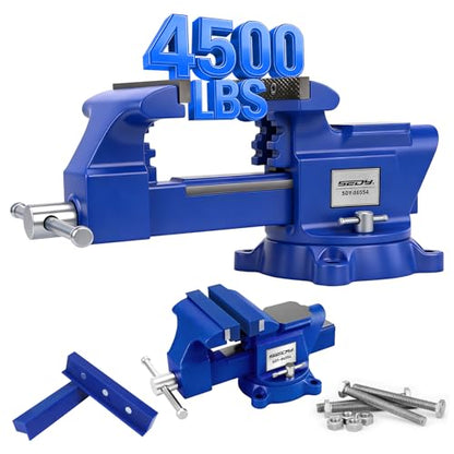 6-Inch Bench Vise with Jaw Pads, Heavy Duty Workbench Vise with Anvil, 360° Swivel Locking Base, 4500 lbs Clamping Force Bench Vice for Woodworking, Drilling, Pipe Cutting - style: 6" New Version + Magnetic Pads