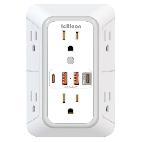 JcBlaon Multi Plug Outlet Surge Protector, Wall Charger with 6 Outlet Splitter with 4 USB Ports(PD 20W), 3-Sided 1050J Surge Protector Power Strip for Home Office Dorm Room Essentials - color: White PD20W 1PC