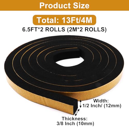 Weather Stripping Door Seal Strip, Strong Adhesive, Cold Insulation, Weatherproof, High Density Foam Insulation Tape for Doors, Windows, Sliding Door, Black (1/2 in x 3/8 in x 13 Ft)