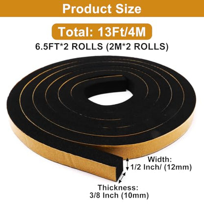 Weather Stripping Door Seal Strip, Strong Adhesive, Cold Insulation, Weatherproof, High Density Foam Insulation Tape for Doors, Windows, Sliding Door, Black (1/2 in x 3/8 in x 13 Ft)