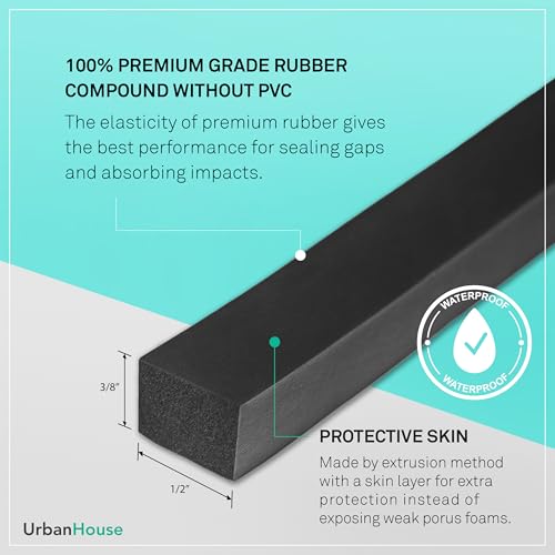 Neoprene Waterproof Rubber Foam 1/2” (w) x 3/8” (h) x 12 Feet Long Weather Stripping Door Seal Insulation Shock-Absorbing 3M Self-Adhesive Tape for Door Frames, Windows – Black, 1 Continuous Roll - size: 3/8" x 1/2" x 12'