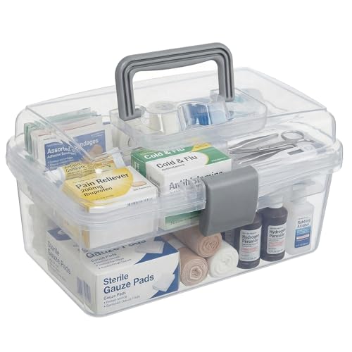 MyGift 10.2 Inch Transparent Plastic Empty Multipurpose Tackle Box with Gray Handle and Removable Tray for Tools, First Aid, Sewing Kit, Arts Crafts Supplies Storage