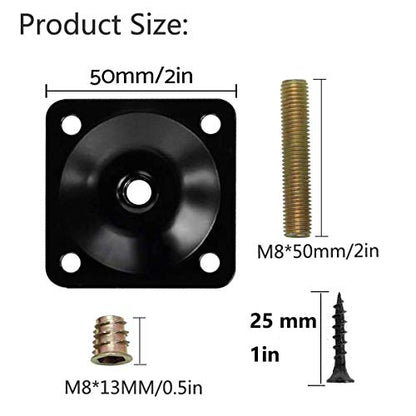 4Pcs Furniture Leg Mounting Plates Kit with M8 Hanger Bolts & Adapters - Heavy Duty T-Plate Repair Kit for Sofa,Couch,Chair,Ottoman,Table Legs,2"x2" Metal Brackets for Wobbly Furniture Fix - color: Black