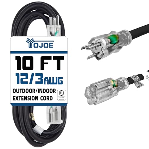 YOJOE Indoor Outdoor Extension Cord with Lighted End, 3 Prong 15A Weatherproof Power Cord, 12 Gauge Heavy Duty 10 ft Black Extension Cord for Garage, Garden and Home, 12/3 SJTW UL Listed - color: Black, size: 10 Foot, style: 12/3 Lighted-End