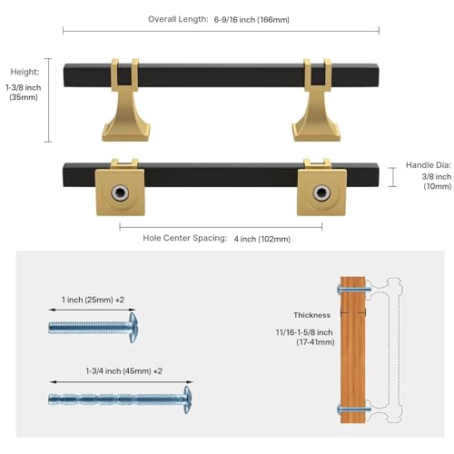 Haliwu 6 Pack 4 Inch Black and Gold Cabinet Pulls Matte Black Drawer Handles Square 2 Tone Hardware for Kitchen Cupboard - color: Black and Matte Gold, size: 102mm(4 inch)