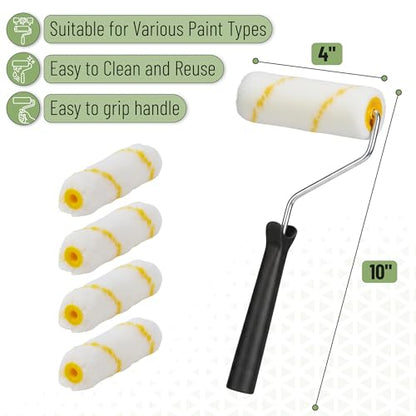 Bates- 4 Inch Paint Roller Set, 18 pcs, 1x Plastic Paint Tray, 3X Disposable Tray Liners, 1x Roller Frame, 5X Foam Covers, 5X Microfiber Covers, 3X Foam Brushes (1", 2", 3")