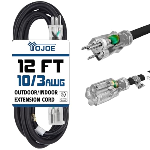 YOJOE Indoor Outdoor Extension Cord with Lighted End, 3 Prong 15A Weatherproof Power Cord, 10 Gauge Heavy Duty 12 ft Black Extension Cord for Garage, Garden and Home, 10/3 SJTW UL Listed - color: Black, size: 12 Foot