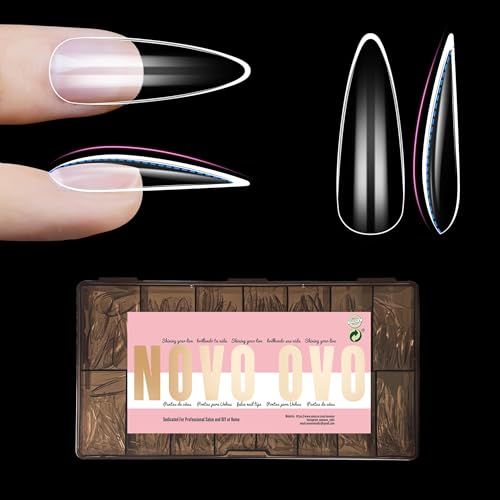 NOVO OVO Long Almond Nail Tips SCULPTED (Not NATURAL) for Curved Nail Beds, Extra Thick L Length False Nails Press on, Full Cover Soft Gel Fake Nail Extension, Salon DIY x 15 Sizes 450 pcs - color: L Almond Sculpted Thick