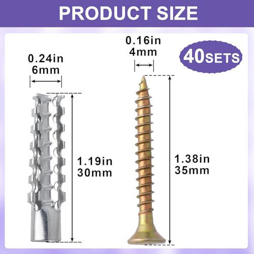 80pcs M6 Tree Shaped Expansion Anchor with Screws, 0.24''×1.19'' Steel Hollow Wall Anchors Kits, Loose Hinge Hole Repair Tools for Drywall Concrete Brick Plaster Wall- Silver & Gold