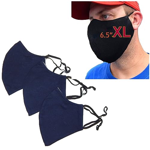 ICYROSE 3 Pack XXL 7"/ XL 6.5" Extra Large Face Mask Big and Tall 3 Ply Beard Mask Cotton w/nose wire Filter Pocket - color: All Navy Blue, XL 6.5"