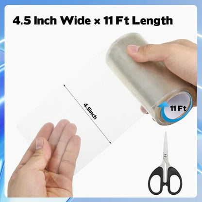 4.5Inch x 11FT Clear Waterproof Repair Tape with Scissors for Fabric, Awning, RV Roof, Tarp, Tent, Boat Cover – Heavy-Duty Polyurethane, UV & Heat Resistant Tear Repair Pctch Kit (1)