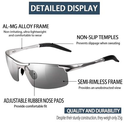 TJUTR Mens Photochromic Sunglasses Day & Night Driving Z87 Sun Glasses Polarized UV400 Protection Safety Glasses - color: A Silver Frame/Grey Photochromic Polarized Lens