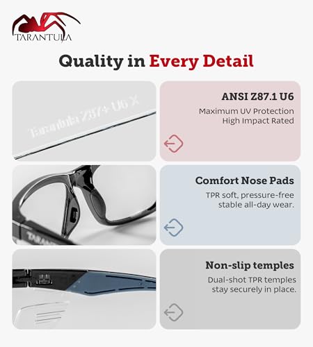 Tarantula Z87.1 Safety Glasses for Men and Women, Soft TPR Temples, Anti-Fog Clear Lenses, Blue Light Blocking, Removable Side Shields, Lightweight Protective Eyewear