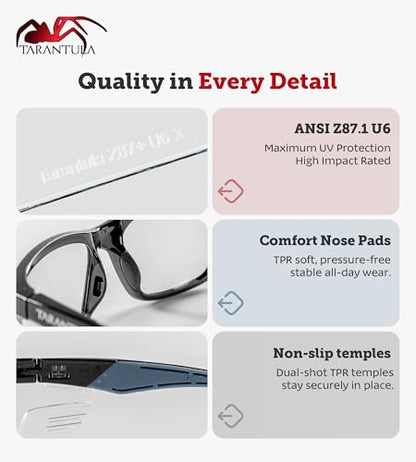 Tarantula Z87.1 Safety Glasses for Men and Women, Soft TPR Temples, Anti-Fog Clear Lenses, Blue Light Blocking, Removable Side Shields, Lightweight Protective Eyewear