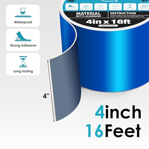Blue Waterproof Tape for Pools, 4" x 16ft, Heavy Duty Strong Adhesive Pool Cover Tape for Roof Leak Repair, RV Roof, Pipe Sealing, Awning, HVAC, Marine - size: 4in x 16ft