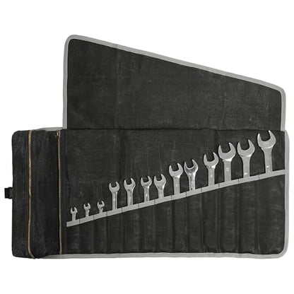 Kaaltisy Roll Up Tool Bag, 16OZ Waxed Canvas Tool Roll Organizer - 26" L x 12.5" W, Regular Wrench Slots + 1 Zipper Pocket + 1 Detachable Bag, Canvas Tool Storage Roll with Buckle for Hand Tool Set - color: Black