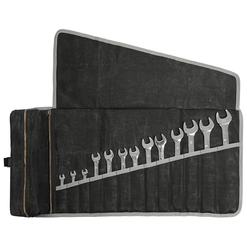 Kaaltisy Roll Up Tool Bag, 16OZ Waxed Canvas Tool Roll Organizer - 26" L x 12.5" W, Regular Wrench Slots + 1 Zipper Pocket + 1 Detachable Bag, Canvas Tool Storage Roll with Buckle for Hand Tool Set - color: Black