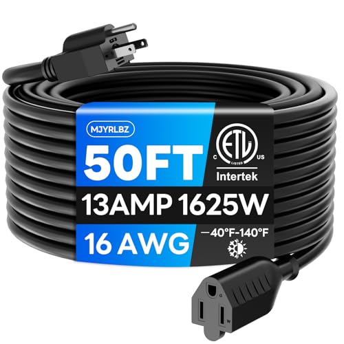 50 FT Indoor Outdoor Extension Cord - Heavy Duty 16/3 Gauge, Waterproof Weather Resistant, 3 Prong, 13A 1625W SJTW, ETL Listed - Perfect for Holiday Lights, Lawn Care, and Power Tools - size: 50FT