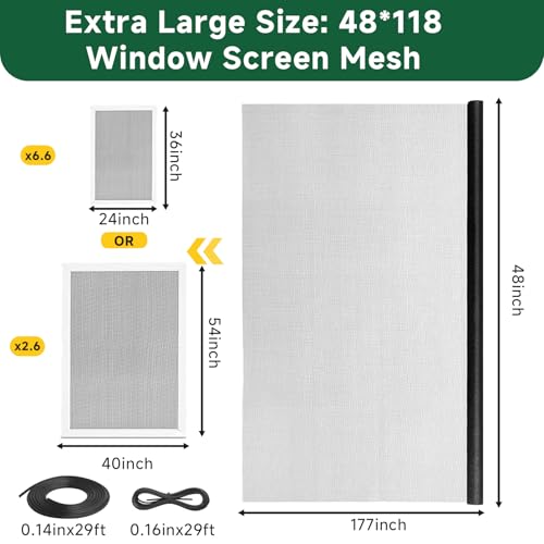 Windows Screen Replacement Kit and Screen Door Repair Kit 48"x118" Durable Fiberglass Mesh Roll with Spline/Roller/Hook/Cutter & Ruler, Sliding Screen Door Replacement for Window & Patio Doors