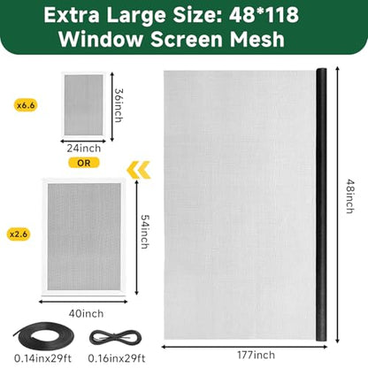 Windows Screen Replacement Kit and Screen Door Repair Kit 48"x118" Durable Fiberglass Mesh Roll with Spline/Roller/Hook/Cutter & Ruler, Sliding Screen Door Replacement for Window & Patio Doors