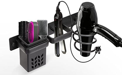 YUET Hair Dryer Holder Hairdryer Station Wall Mounted Shelf Bracket Straightener Stand Hanger Organizer Blow Storage w/Cable Tidy Rack For Dressing Table Bathroom Aluminum Professional,Black With Cup - color: Black With Cup