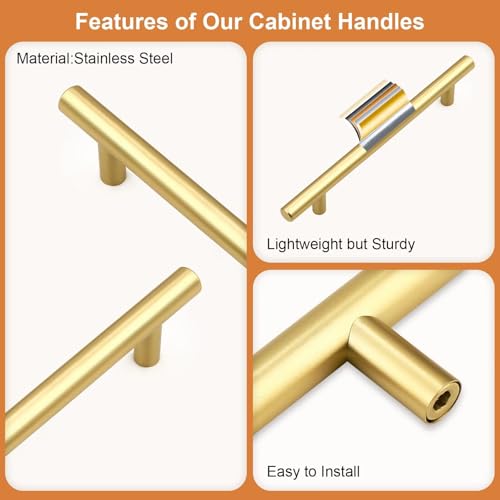 Probrico 5 Pack Hole Centers (128mm) 5inch Gold Kitchen Cabinet Handles Stainless Steel Polished Gold Cabinet Pulls Round T Bar Pull Handle for Cabinets and Drawers Total Length 7.5inch(192mm) - color: Gold, size: Hole Centers: 5"