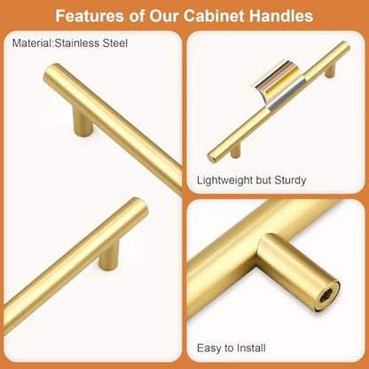 Probrico 5 Pack Hole Centers (128mm) 5inch Gold Kitchen Cabinet Handles Stainless Steel Polished Gold Cabinet Pulls Round T Bar Pull Handle for Cabinets and Drawers Total Length 7.5inch(192mm) - color: Gold, size: Hole Centers: 5"