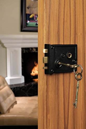 A29 Cast Iron Rim Lock Heavy Duty, Weather and Rust Resistant, Manual Latch for French & Screen Doors, Easy Install Hardware Included - Black Powder Coat Finish, 4.1" x 3.1" x 1.4" Backset - style: Horizontal Rim Lock
