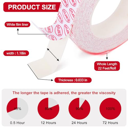 Sinfuo Double Sided Foam Tape Heavy Duty, Removable Damage Free Adhesive Tape, Residue Free Tape Picture Hanging Adhesive Strips Suitable for Indoor and Outdoor Installation Home Office(1.18" x 22Ft) - size: 1.18in x 22ft