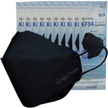 Premium Filters (KF94 Certified) Face Mask (Made in Korea) Respirators Protective Disposable Safety Dust Covers (Adults) Individual Package (Black) 10 Pack, Medium