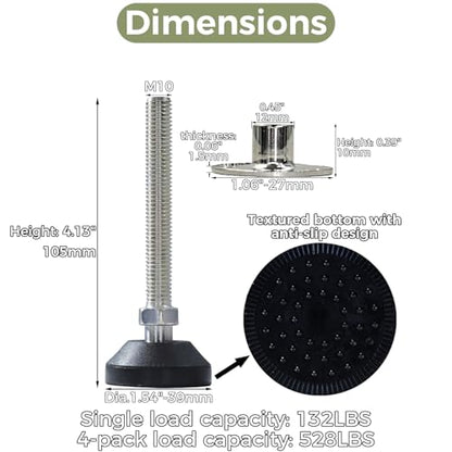 Adjustable Furniture Leg Levelers with Self-Tapping Screws, 1.25"-4" Height Range, 132 lbs Capacity per Leg (M10,4.1" Height,1.54" Diameter) - size: M10,4.1" Height,1.54" Diameter